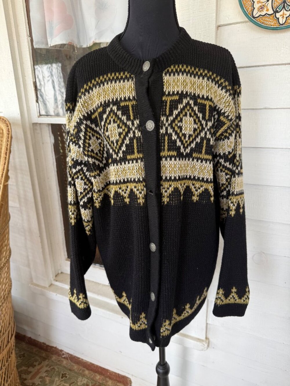 Vintage 50s Womens Nordstrikk Norway Cardigan Black Tan Size L - Picture 7 of 14